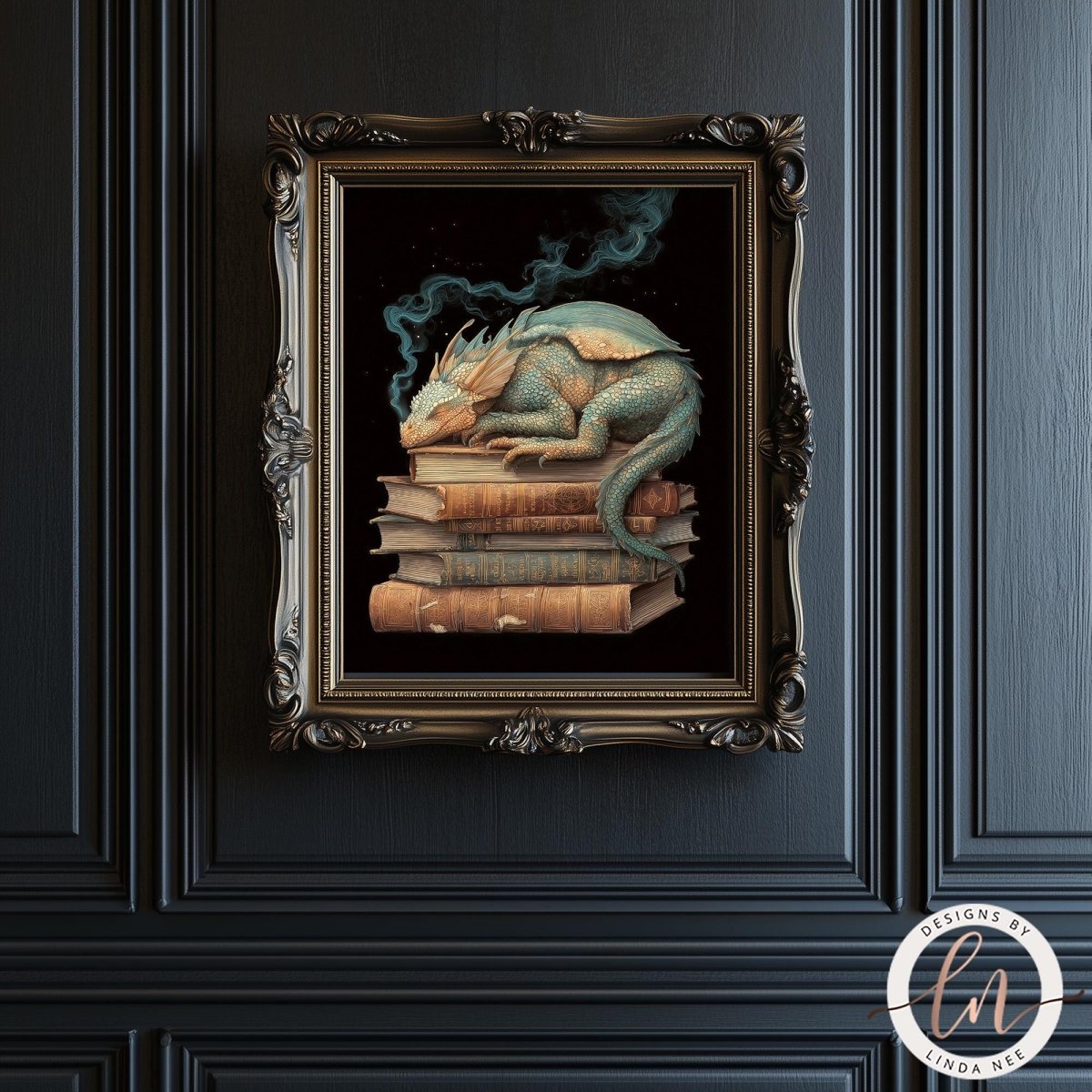 A framed painting depicting a sleeping dragon resting on a stack of books.