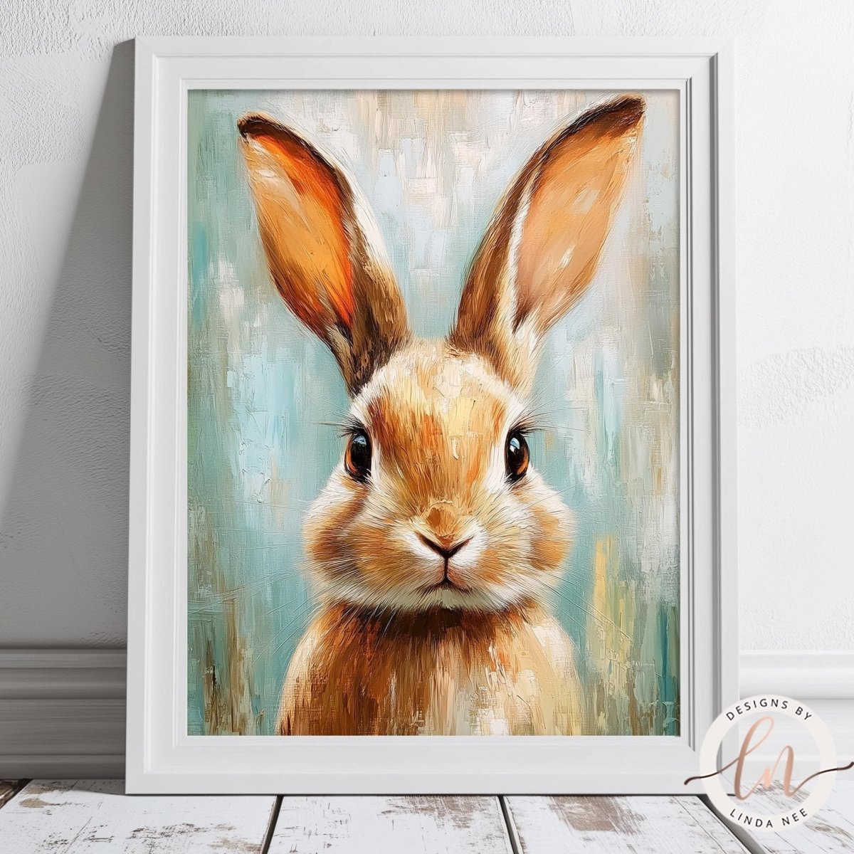 A framed painting of a brown rabbit with large ears, set against a background of blue and green hues.