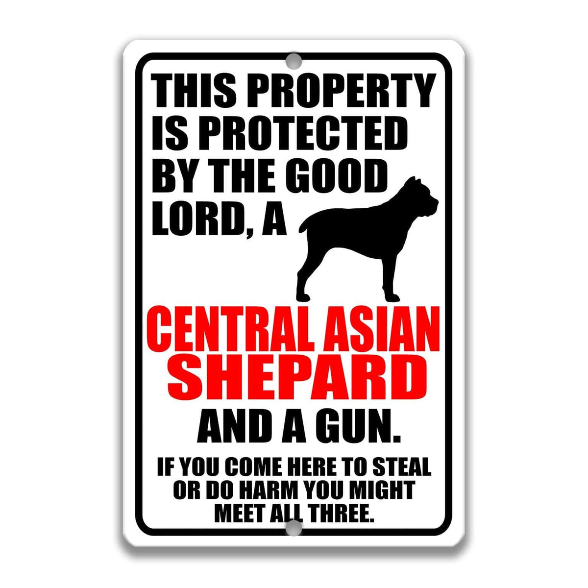 a sign with a warning message about a property being protected by a good Lord, specifically a Central Asian Shepard, and a gun. The sign also includes a cautionary note about potential theft or harm if someone comes to steal or harm the dog.