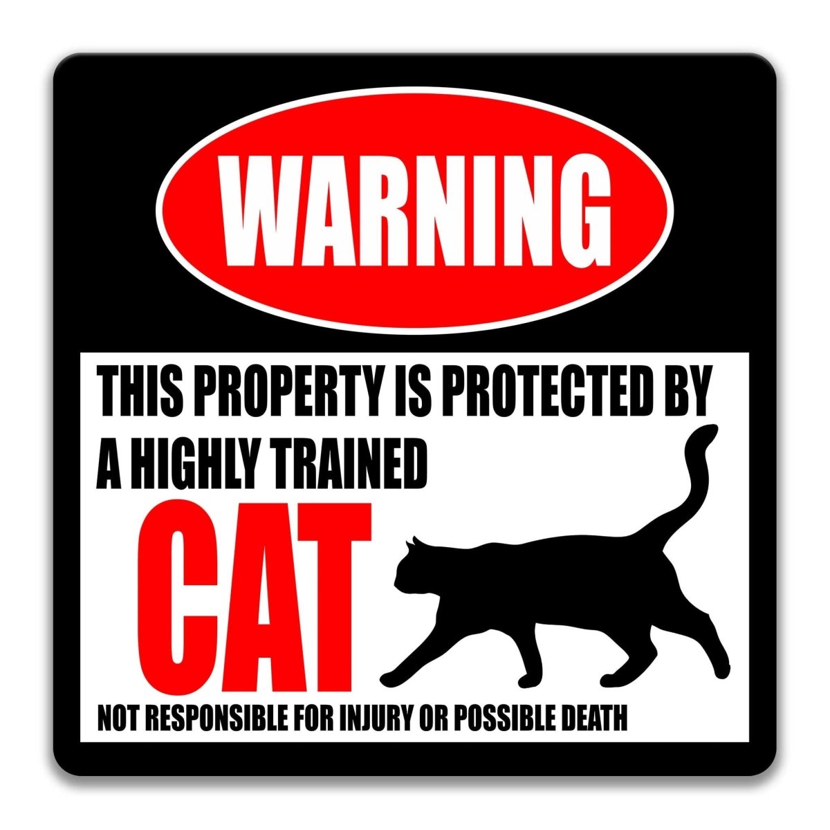 Cat warning sign, red WARNING banner and large cat silhouette, funny Cat lover gift, aluminum with rounded corners