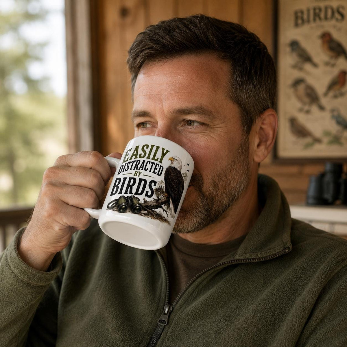 Man in an olive fleece sipping from the bald eagle mug on a cabin porch with a bird poster on the wall behind