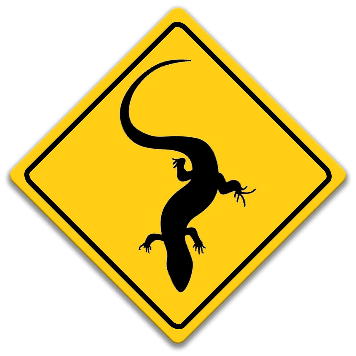 A yellow diamond-shaped road sign with a black silhouette of a lizard or salamander on it.