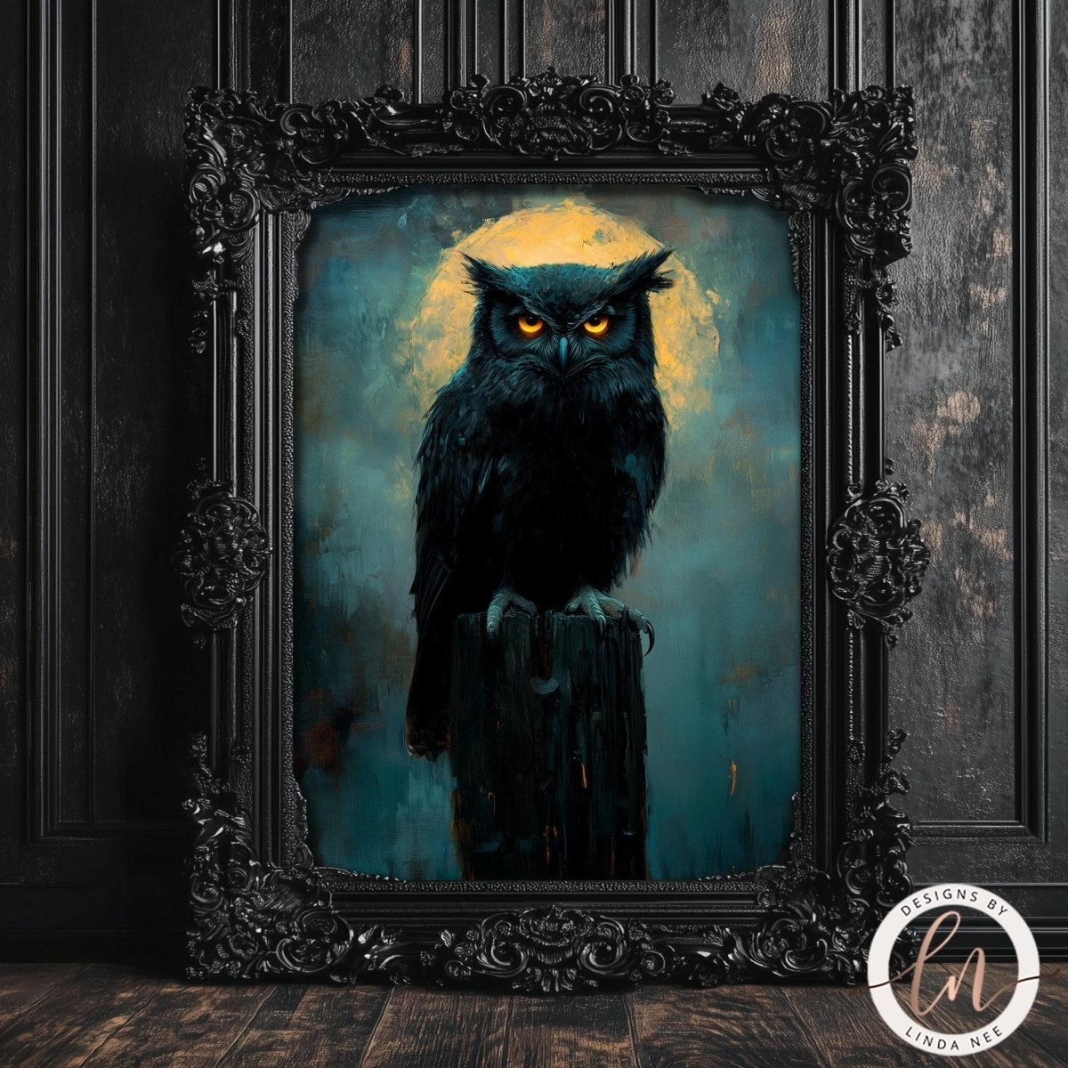 Dark owl perched on a tree stump illuminated by yellow light
