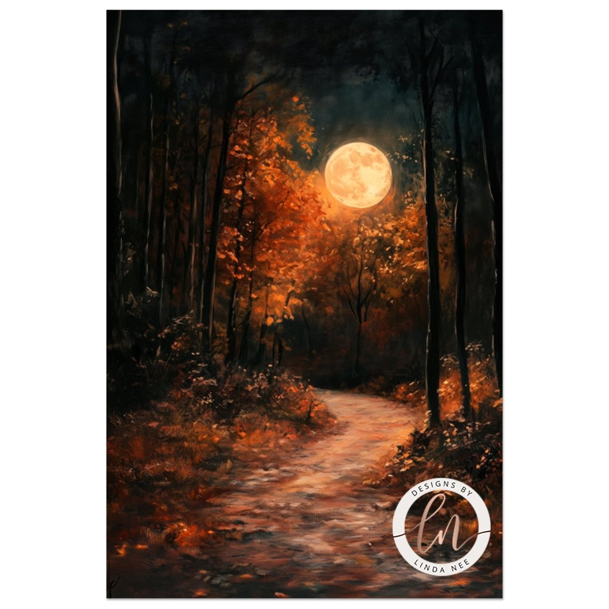 Golden moon and autumn path artwork in an ornate black frame