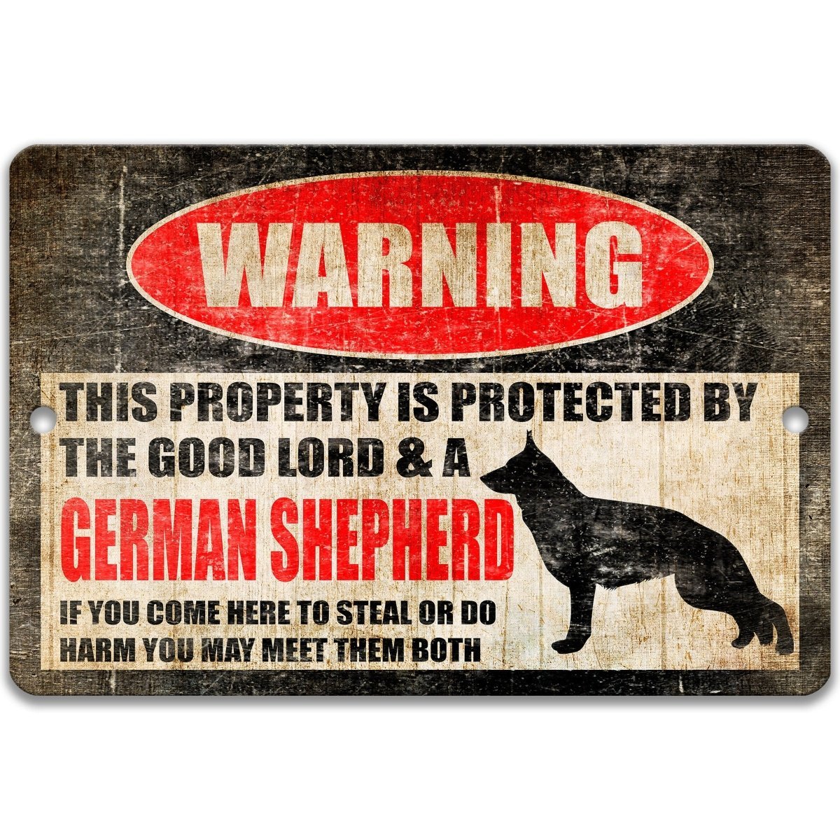 German Shepherd warning sign, red WARNING oval, this property is protected by a highly trained German Shepherd, with German Shepherd dog silhouette