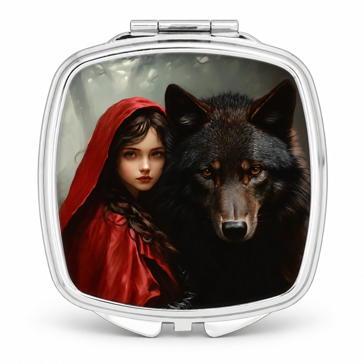 A young woman in a red hooded cloak stands next to a large, dark wolf in a forest setting.