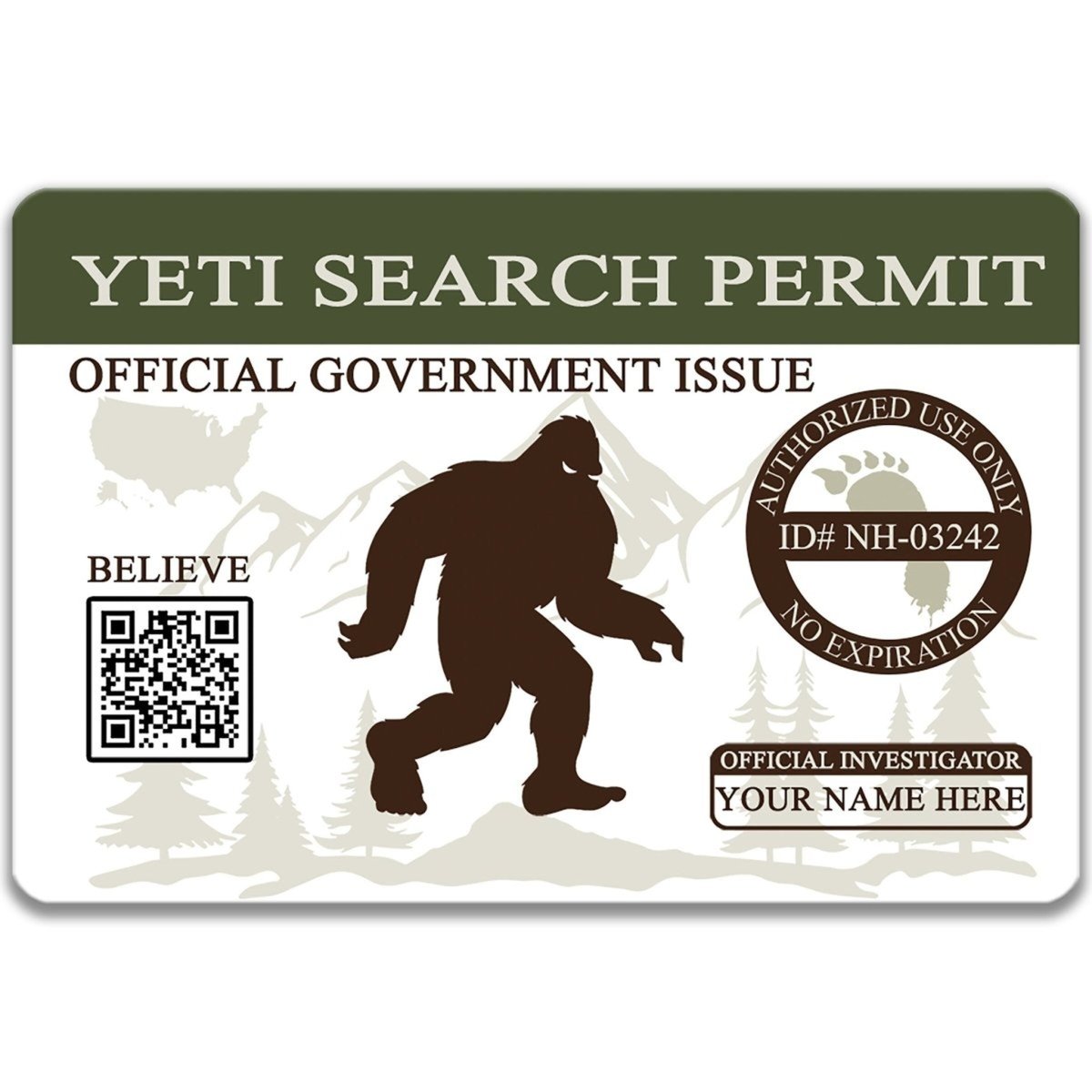 The image is a search permit for a Yeti, a mythical creature from the American West. The permit is designed to be used by an official government investigation, and it includes a QR code and a barcode for scanning.