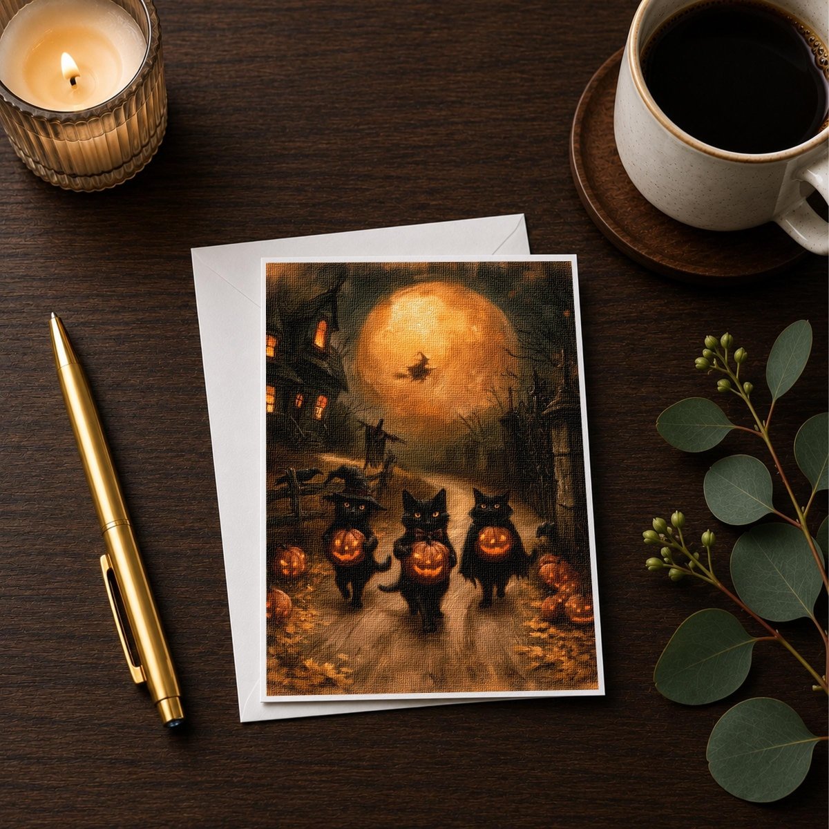 Black Cat Parade Halloween note card styled with a candle, pen, and coffee