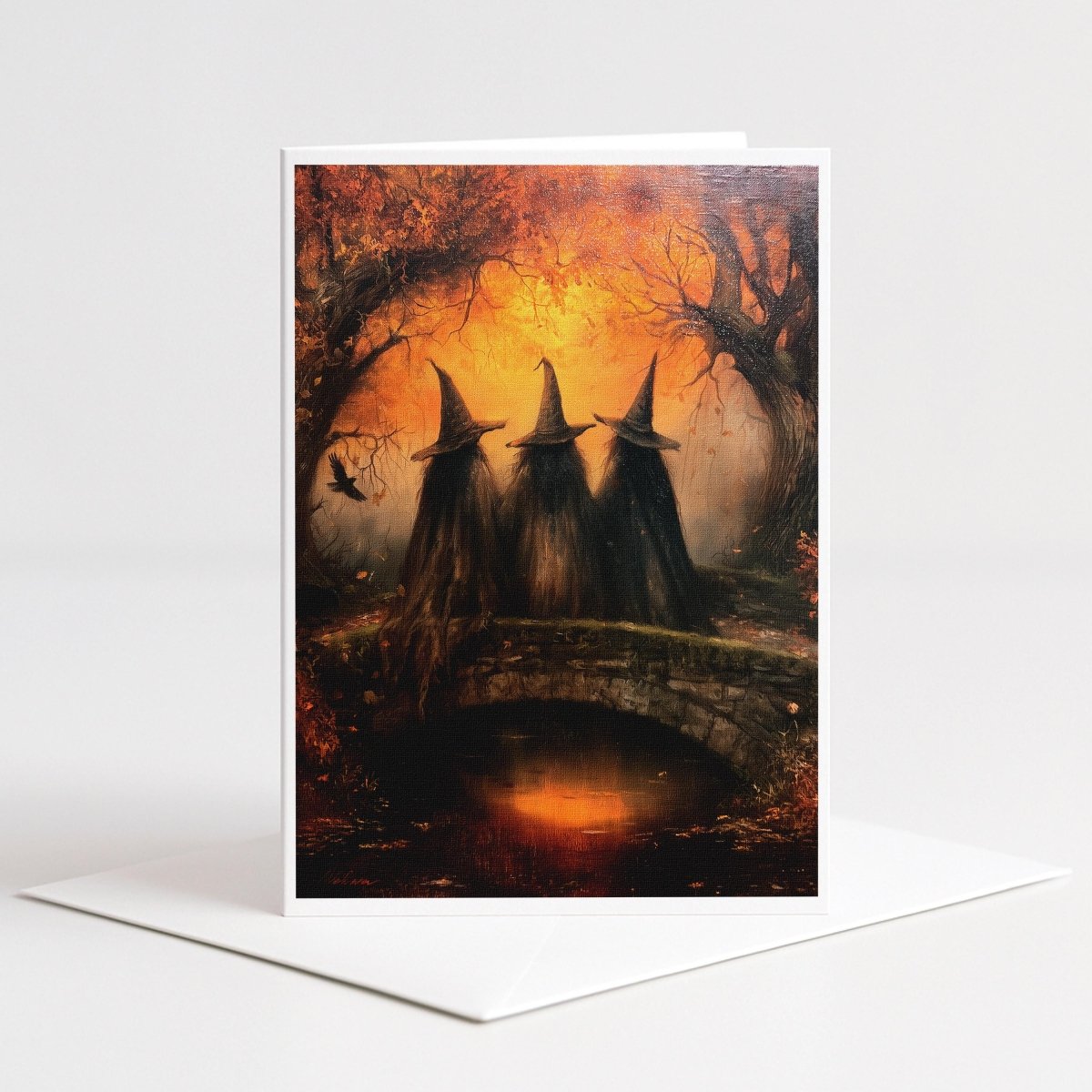 Three witches on an old stone bridge under a glowing autumn forest, 5x7 blank note card