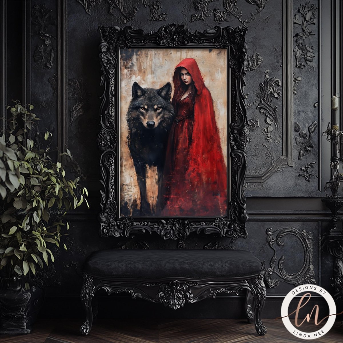 Weathered Red Riding Hood print displayed on a black bench