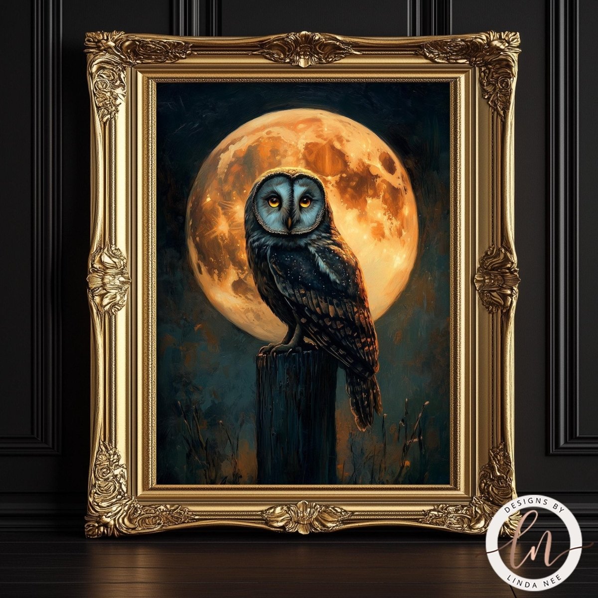 Owl perched on a wooden post beneath a glowing orange moon
