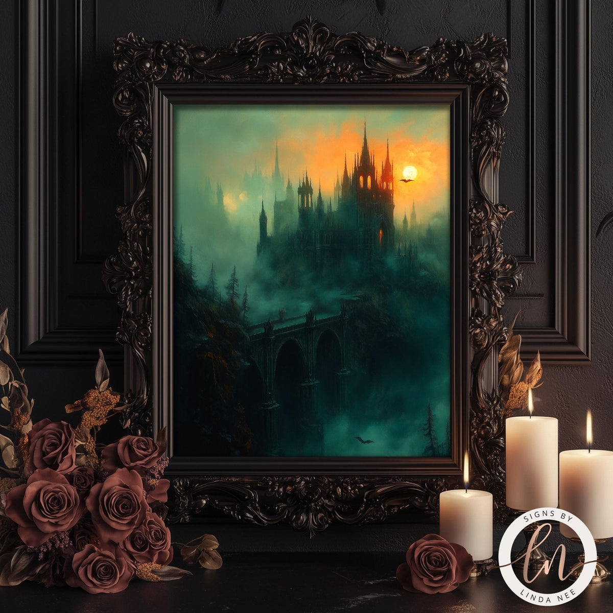 a dark, ornate frame with a painting of a castle in the background, surrounded by a misty landscape and a bridge. The painting is framed in an elaborate, gilded frame. The frame is placed on a dark surface, with a bouquet of roses and lit candles nearby.