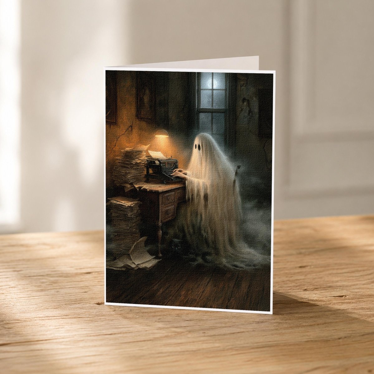 Ghost writer at a typewriter with piles of pages, alternate view of the Halloween card
