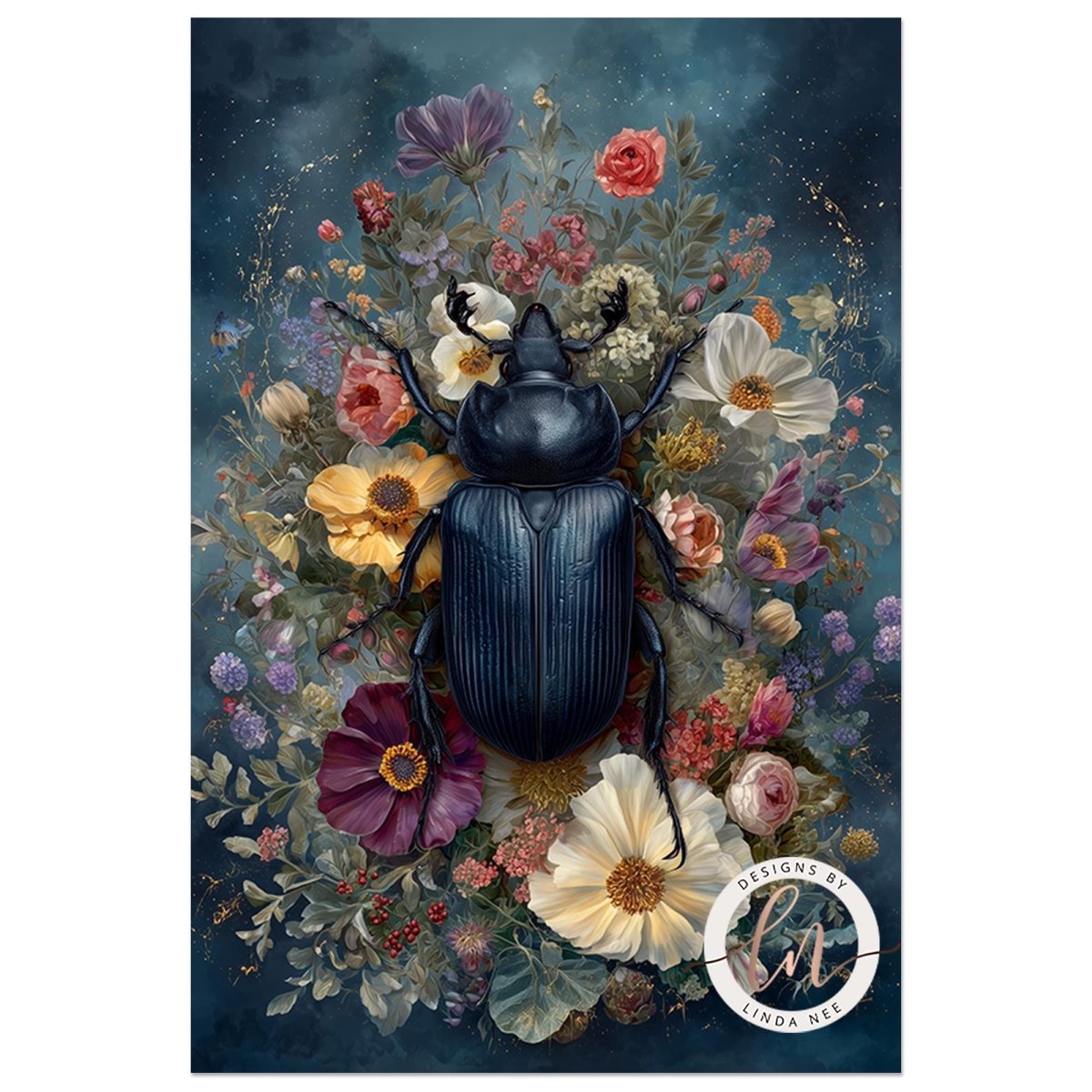 Large black beetle surrounded by colorful flowers and foliage