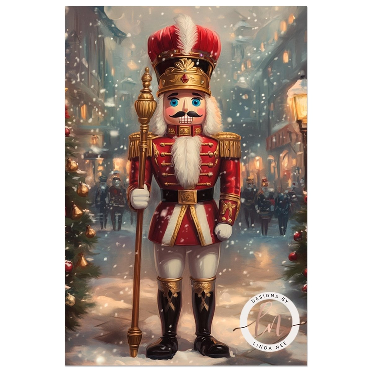 Nutcracker figure holding a scepter in an old world winter city scene