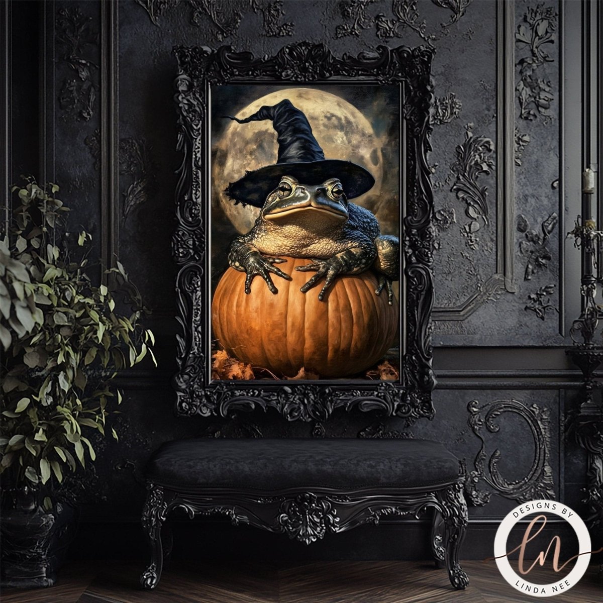 Toad on pumpkin artwork displayed in a frame against a full moon backdrop