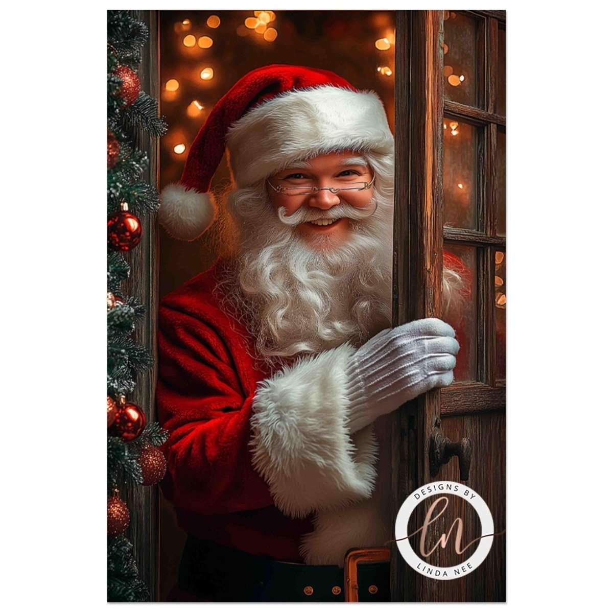 Smiling bearded Santa Claus peeking through a window with ornaments visible