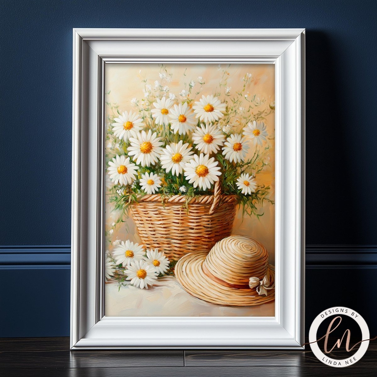 A framed painting depicting a basket filled with white daisies and a straw hat, set against a blue background.