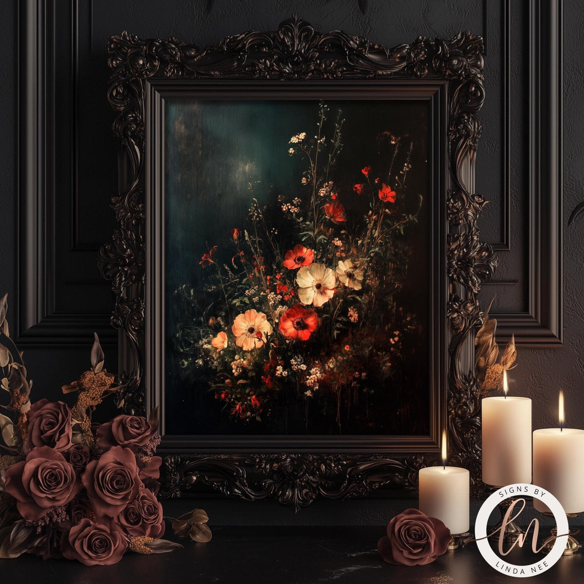 Vintage Dark Floral Botanical Art Print
