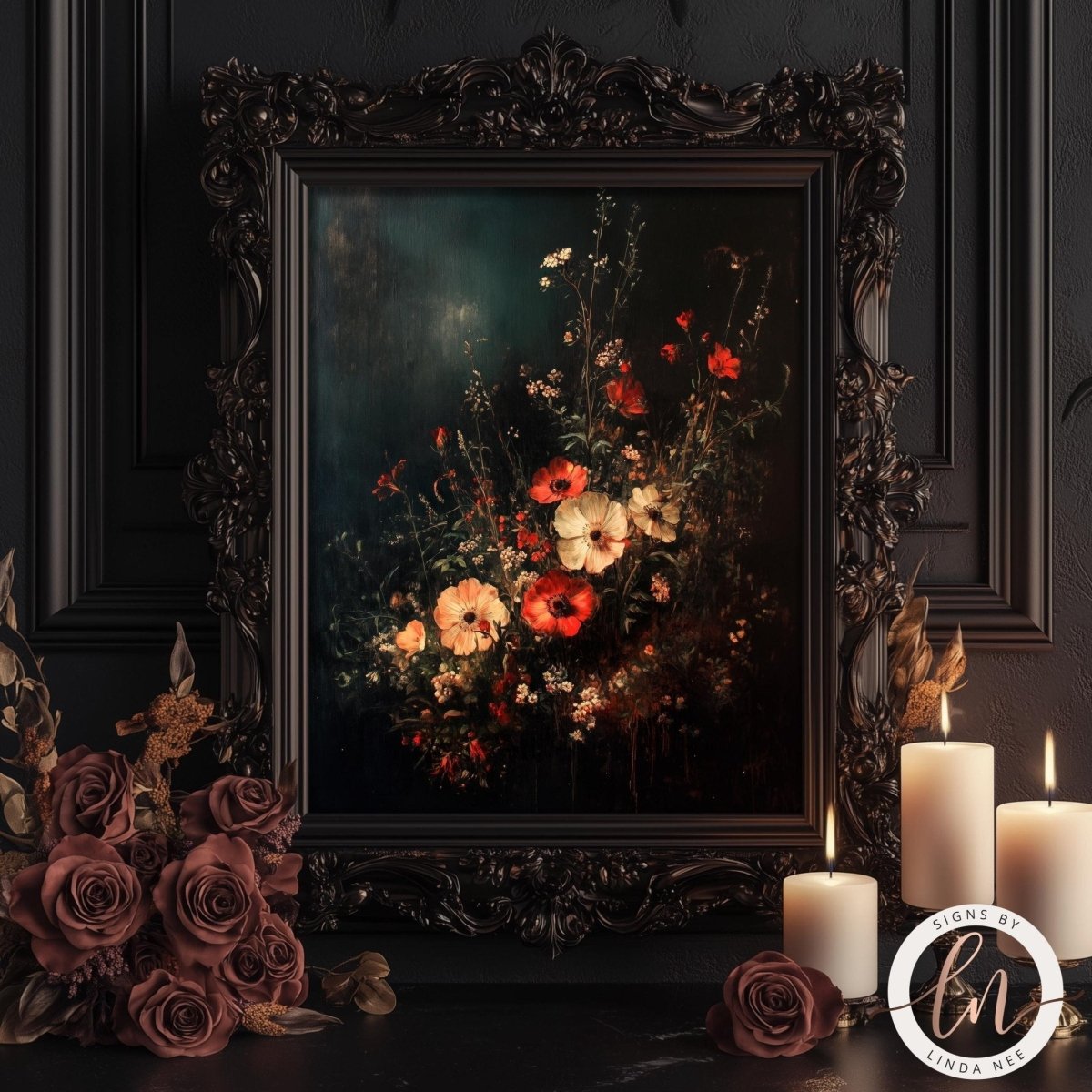 Dark botanical wall art with antique still life detail