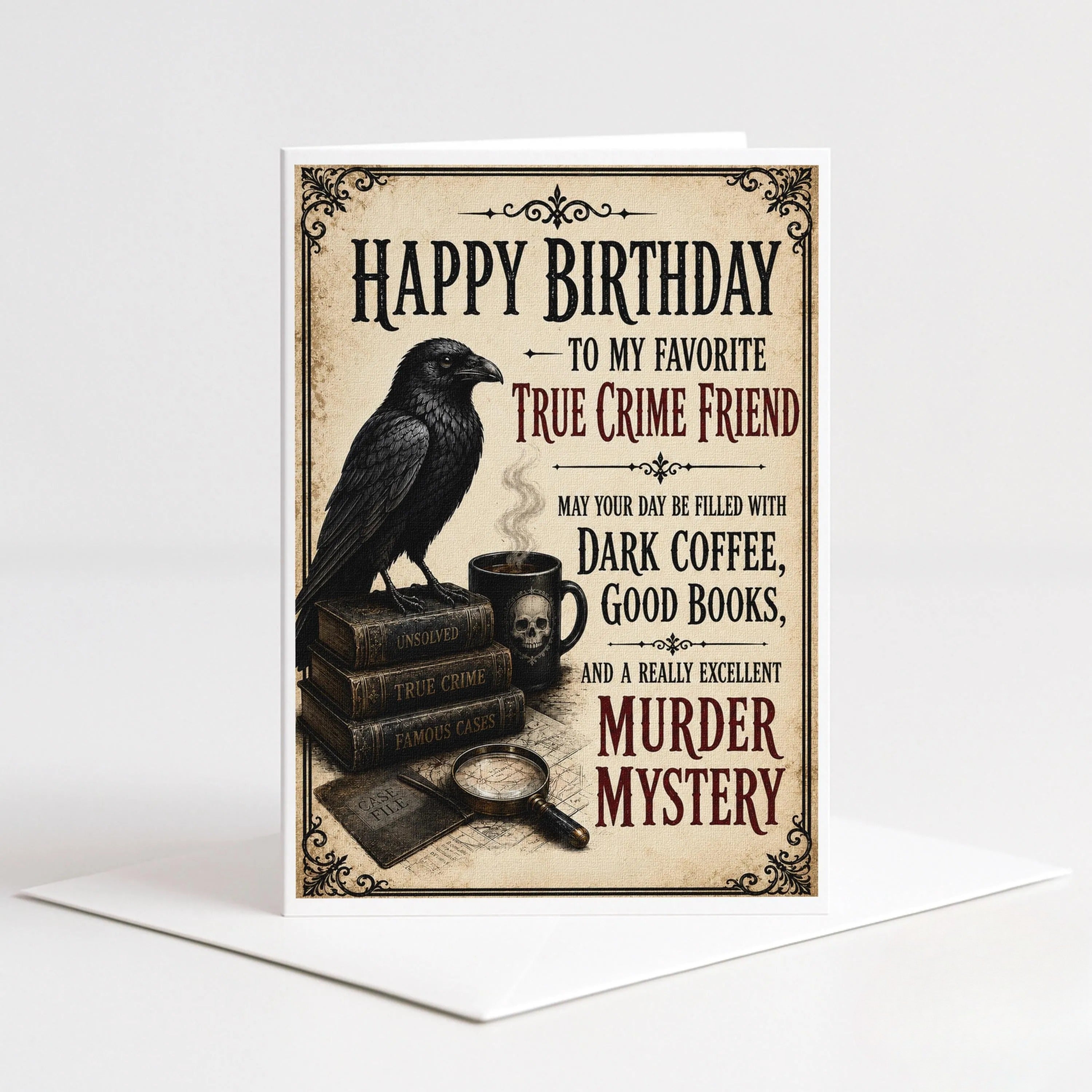 The image is a birthday card with a black bird perched on a stack of books, along with a magnifying glass and a cup of coffee. The card has a vintage-style design with ornate borders and decorative elements.