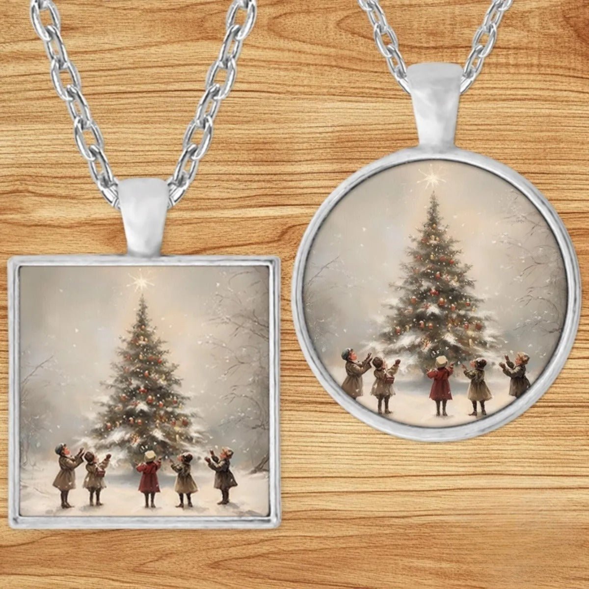 Victorian Children Christmas Tree pendant necklace shown in round and square silver charm styles on a wood background