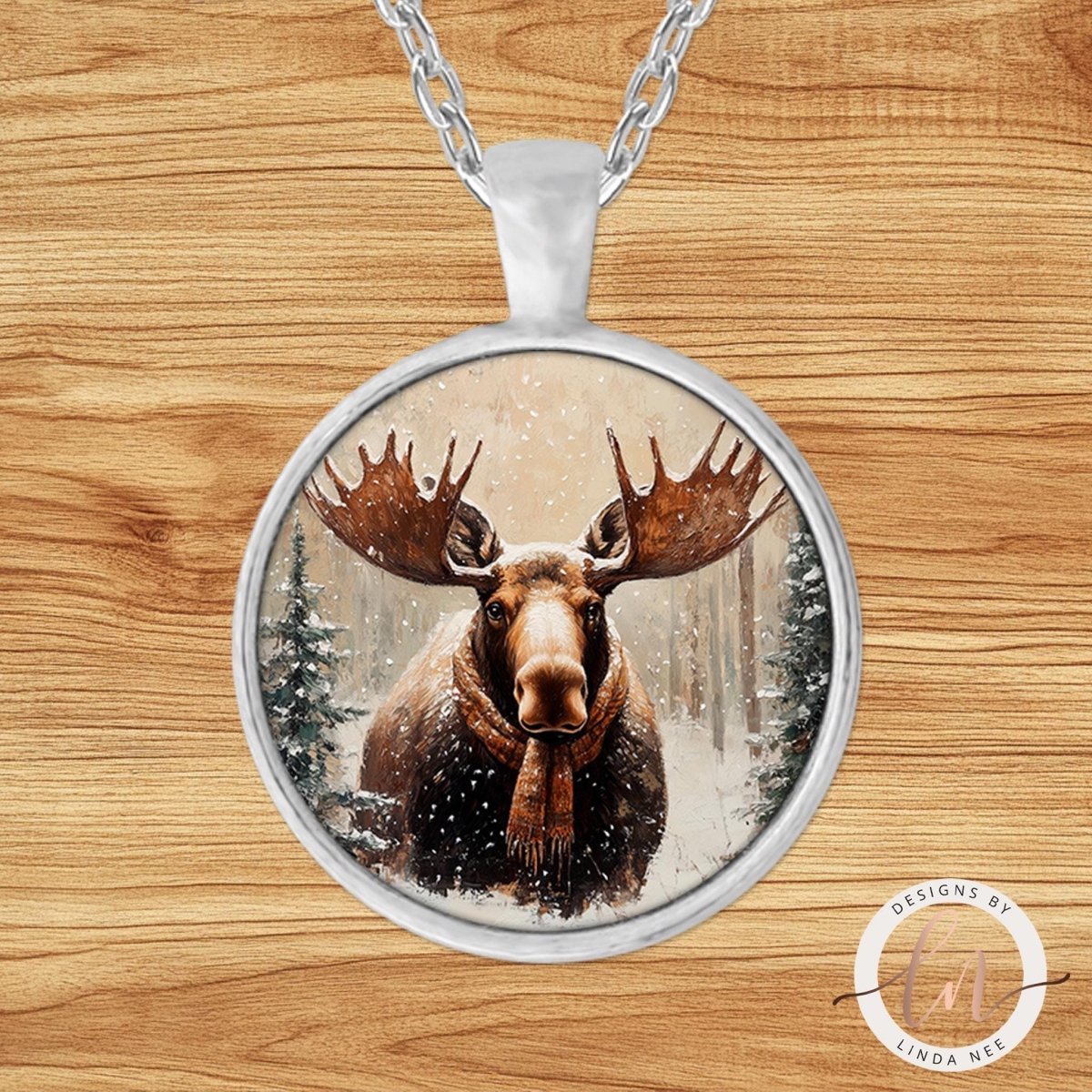 Moose in Plaid Scarf Pendant Necklace