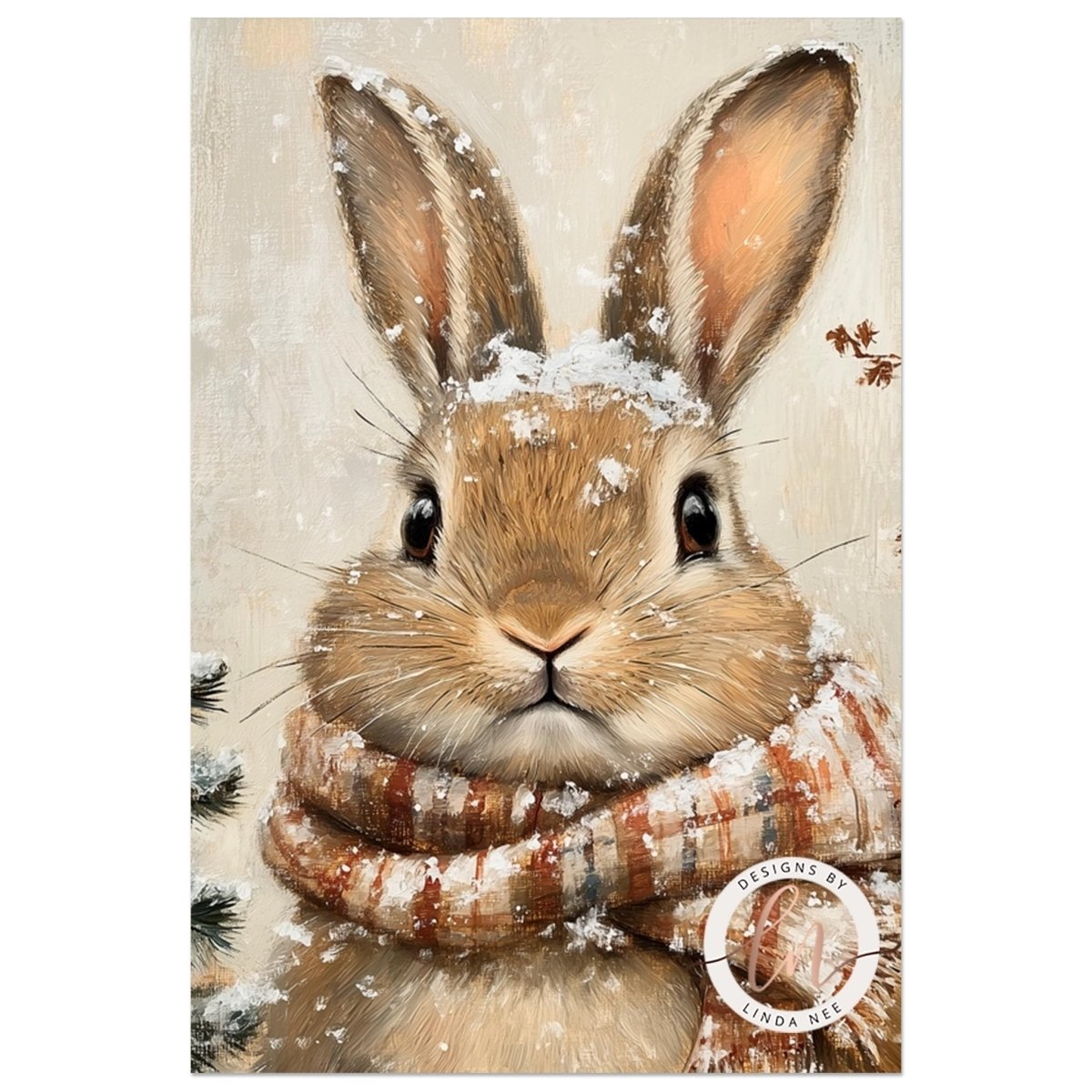 A close-up portrait of a rabbit wearing a scarf and surrounded by snow, with a snowy background.