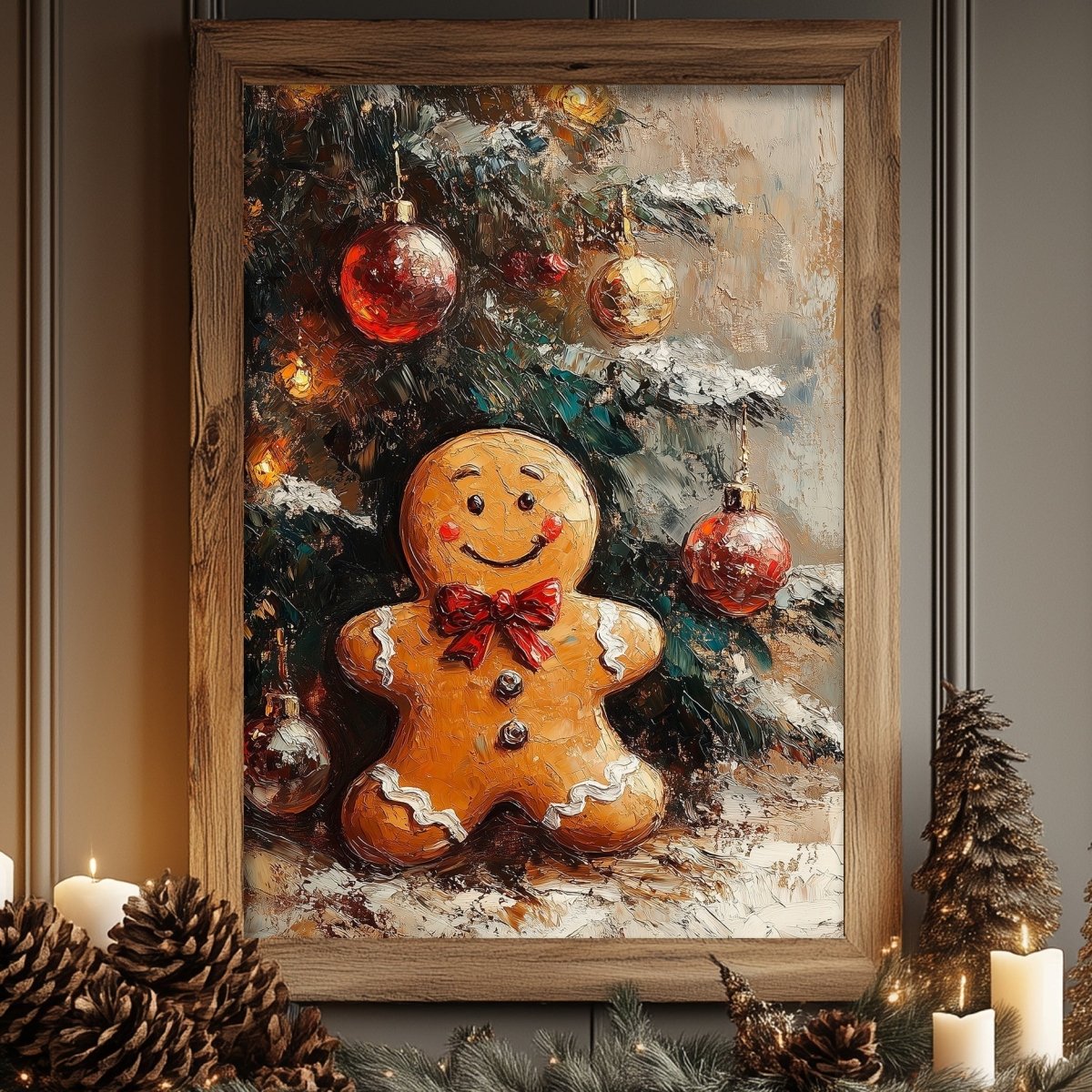 Gingerbread man figure seated in front of a lit Christmas tree, art print