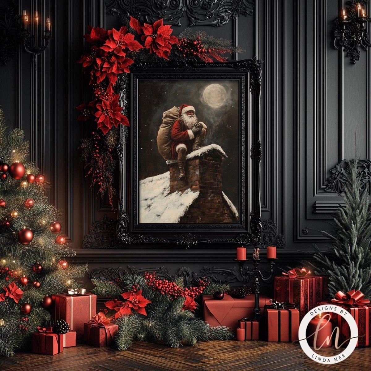 Vintage Santa rooftop print shown with poinsettias, a lit tree and wrapped gifts