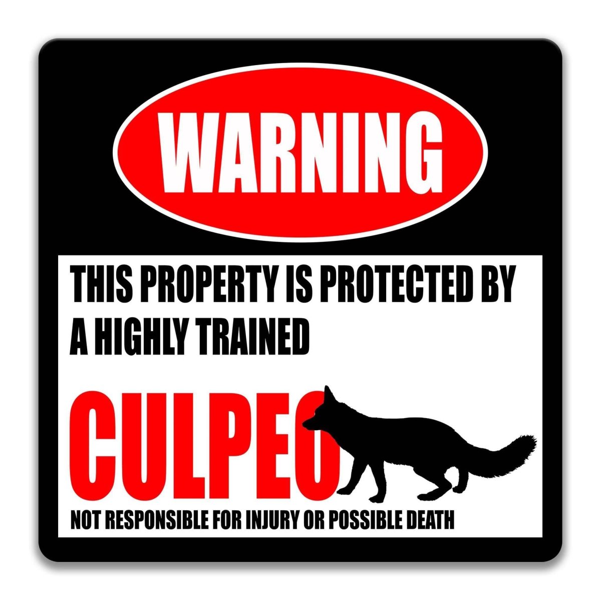 Square culpeo warning metal sign, black background with red WARNING banner and Andean fox silhouette