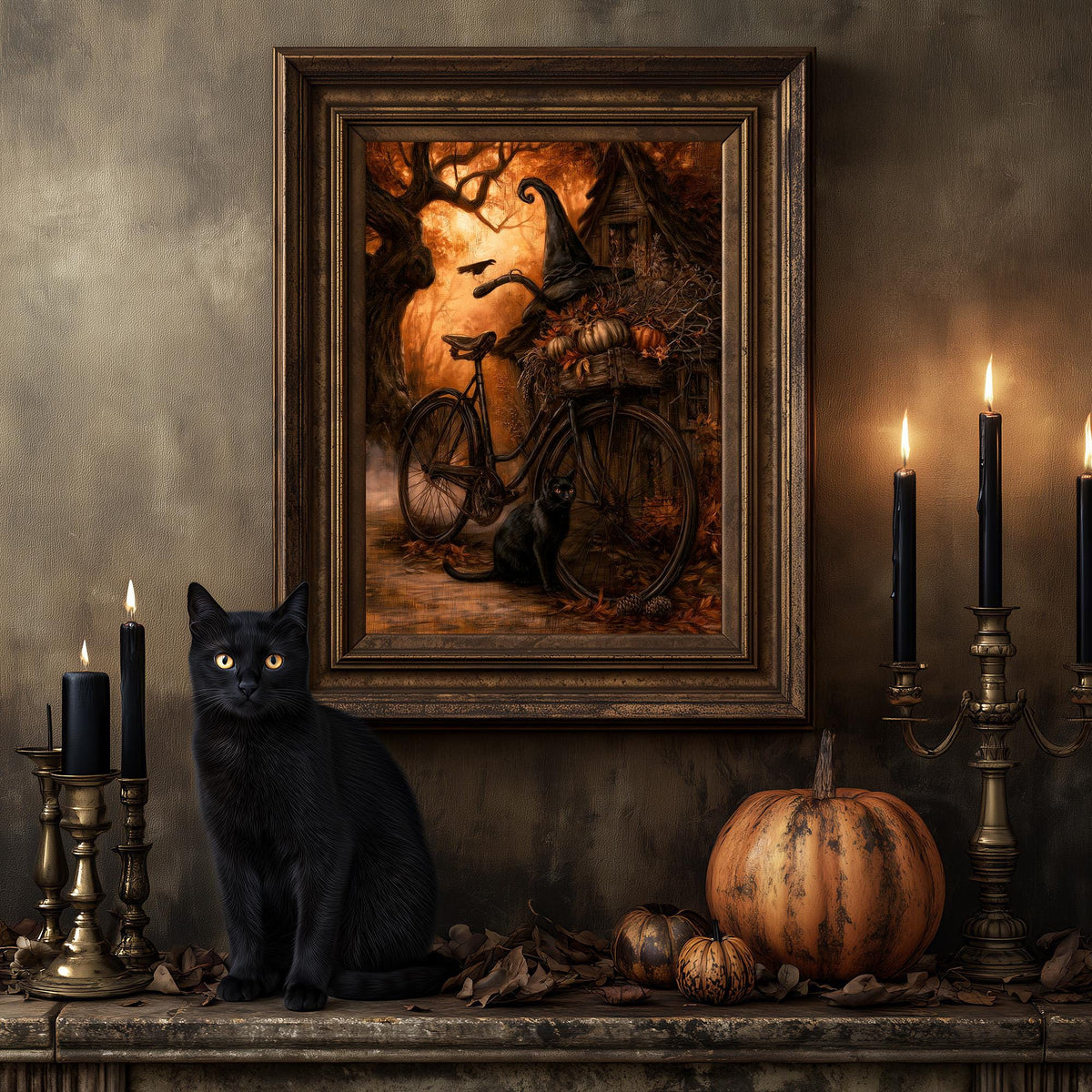 Black cat on a mantel in front of the witch's bicycle print and Halloween decorations