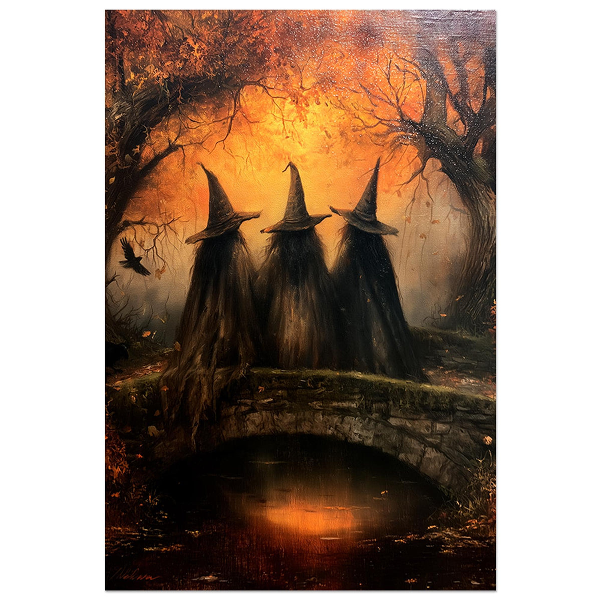 Three cloaked witches standing on an old stone bridge with a raven overhead