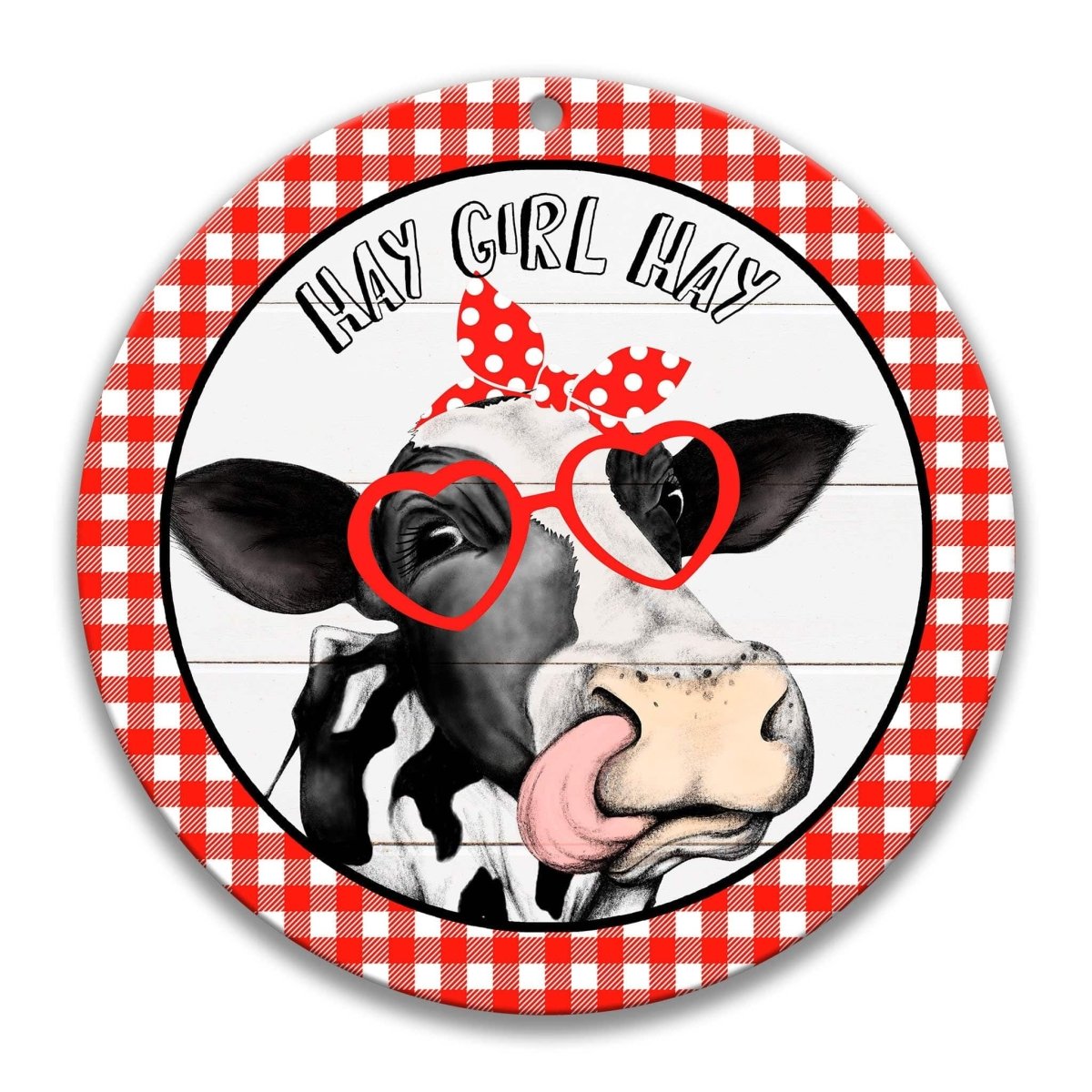 Hay Girl Hay Heifer round metal sign, heifer illustration with farmhouse pun text, angled view