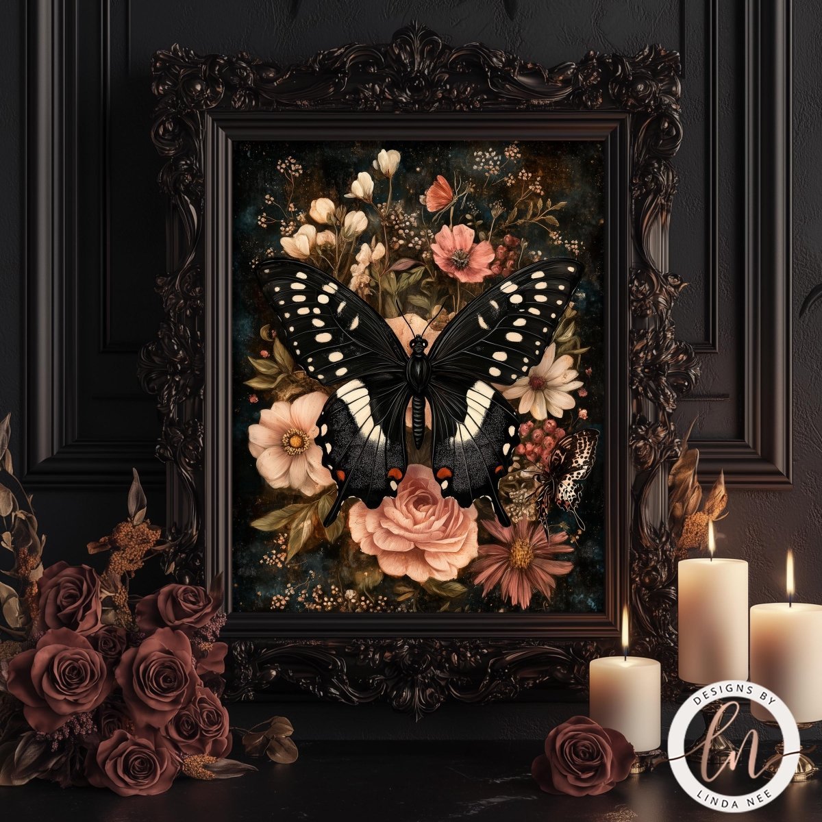 Butterfly artwork styled with candles and roses