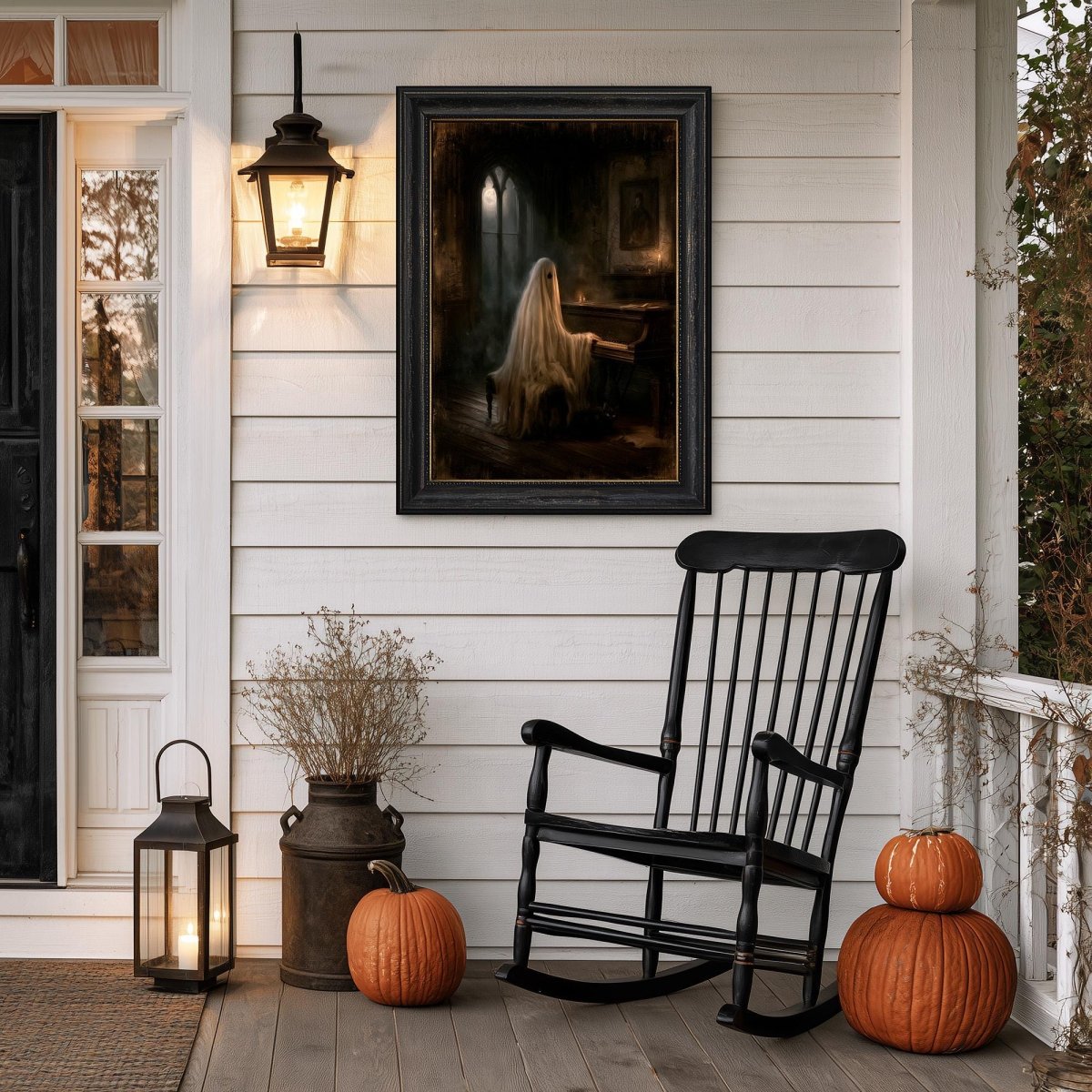 Porch wall with a black rocking chair, two pumpkins, a lantern, and the piano print