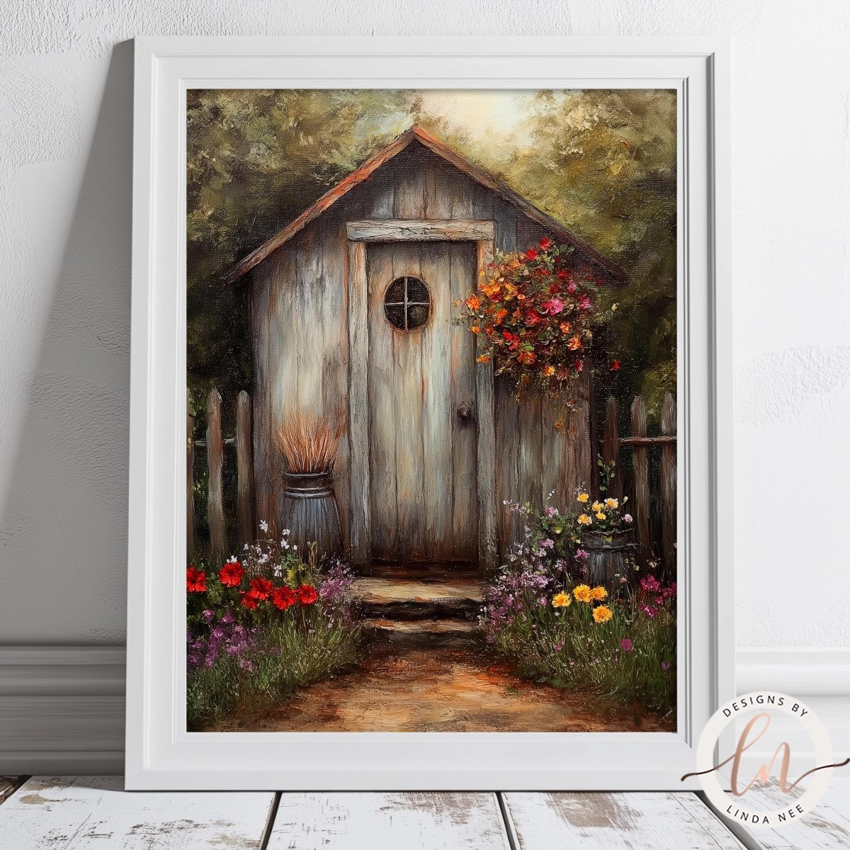 Wooden shed with a round window nestled in a lush garden