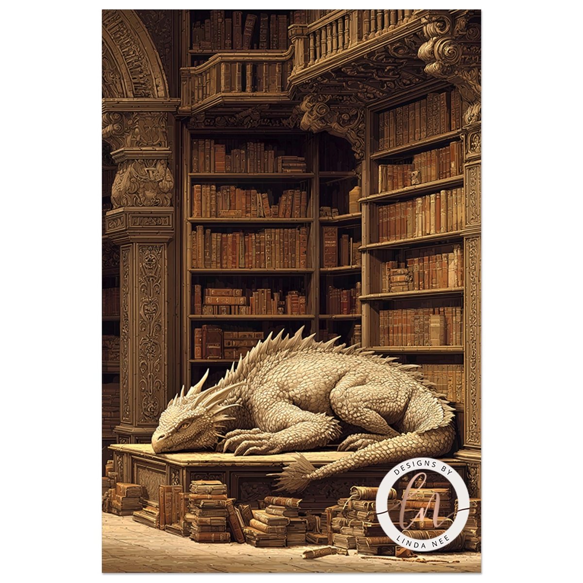 A large, detailed dragon sculpture is resting on a table in a library setting, surrounded by numerous bookshelves filled with books.