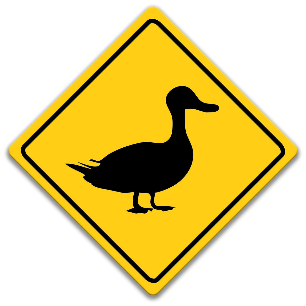 A yellow diamond-shaped sign with a black silhouette of a duck on it.