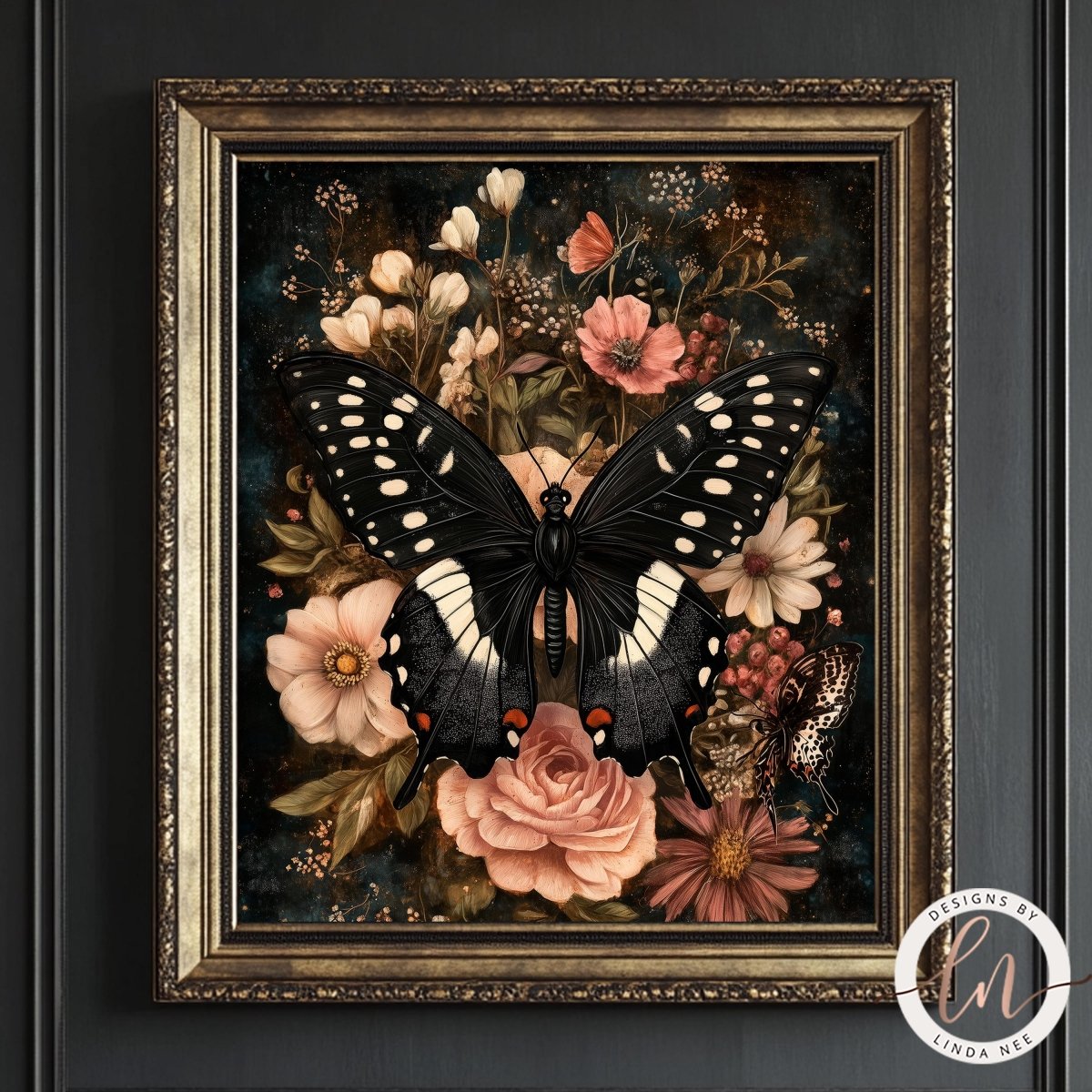 Black butterfly in pink blooms displayed in an ornate frame