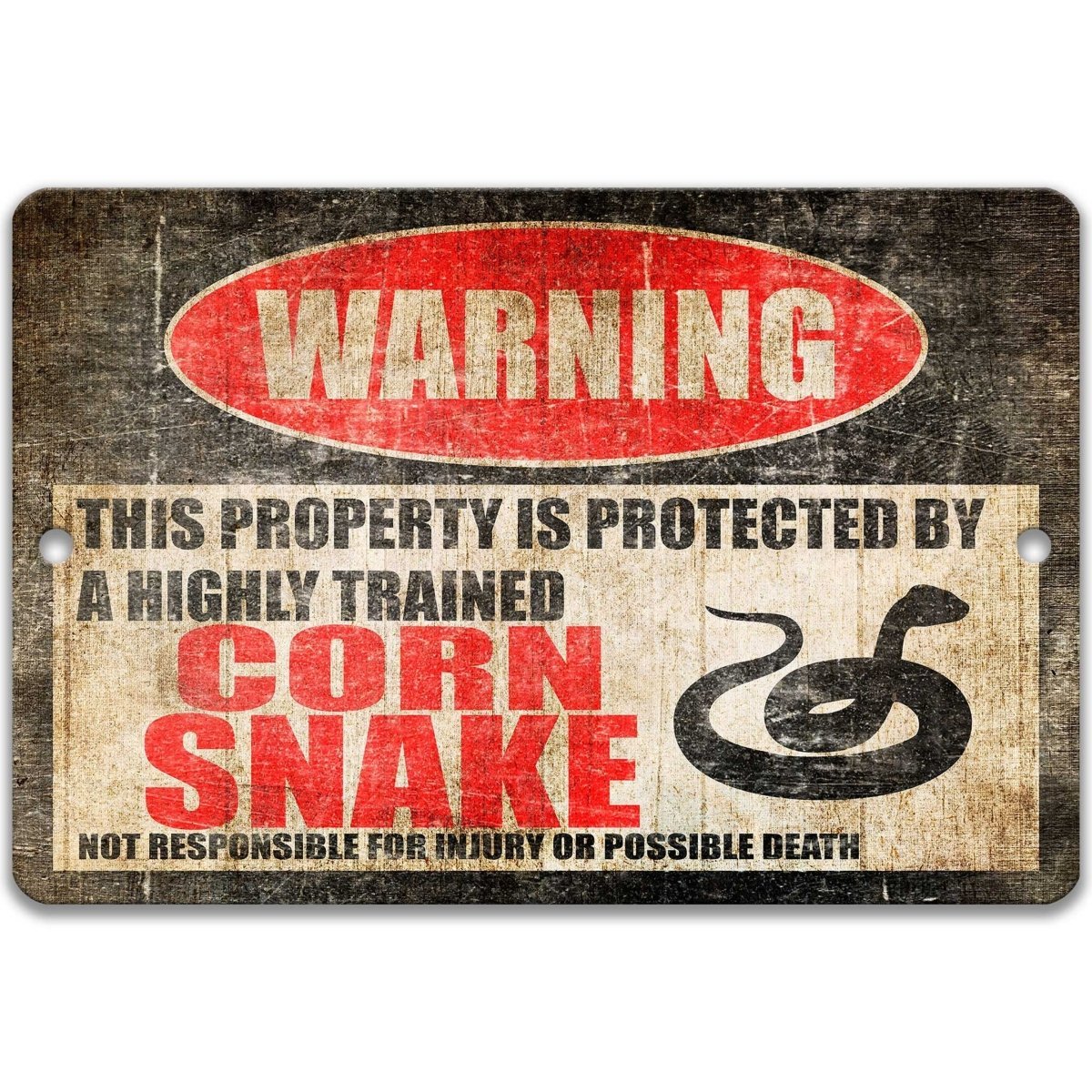 Corn Snake warning metal sign, corn snake silhouette beside bold red WARNING lettering, 'not responsible for injury or possible death'
