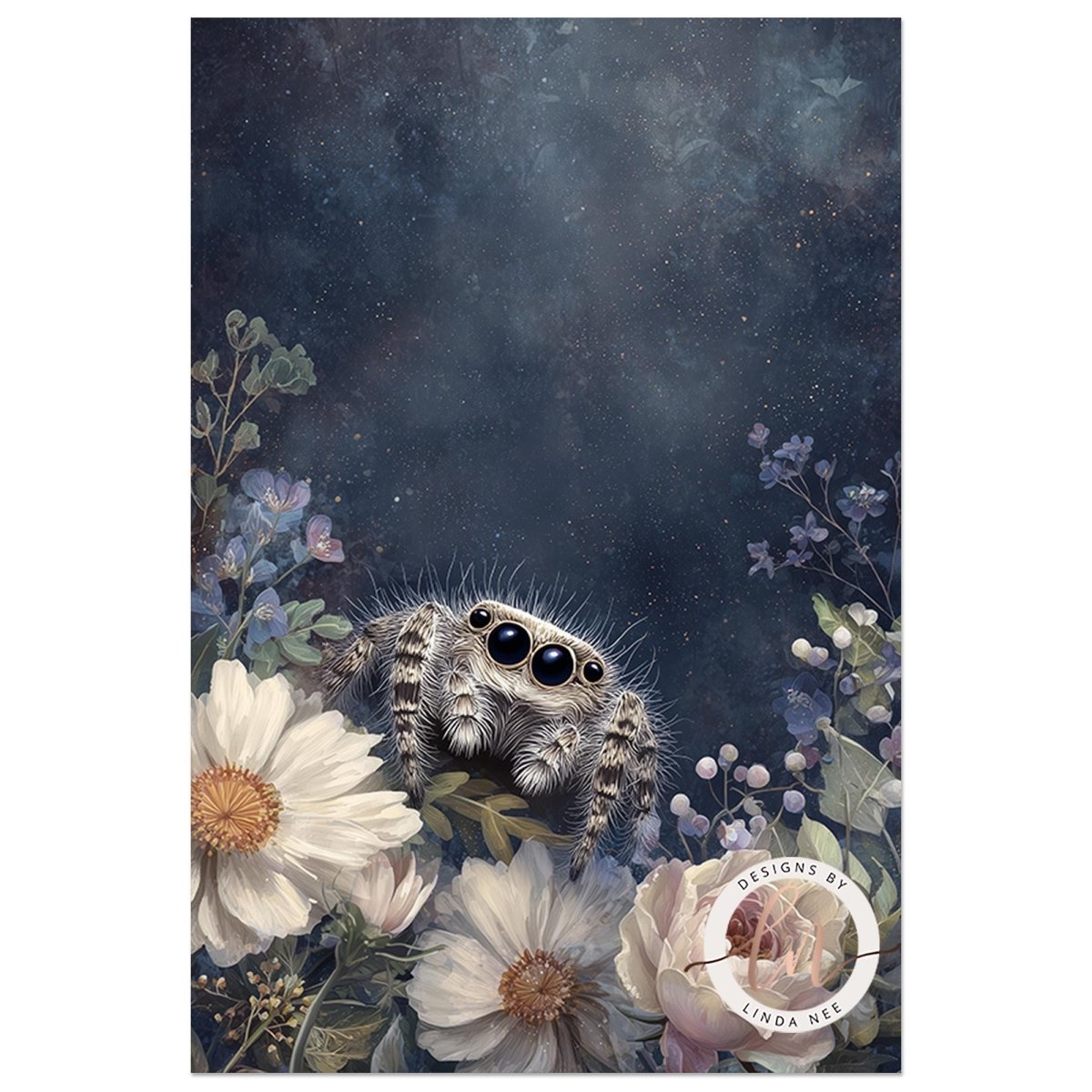 A detailed illustration of a spider with large eyes and a fuzzy body, surrounded by a variety of colorful flowers and plants against a dark, starry background.