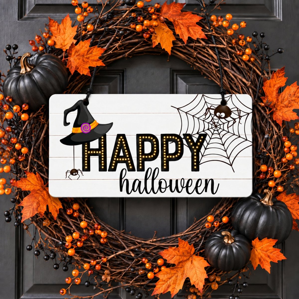 Witch Hat and Spider Happy Halloween sign centered in a door wreath