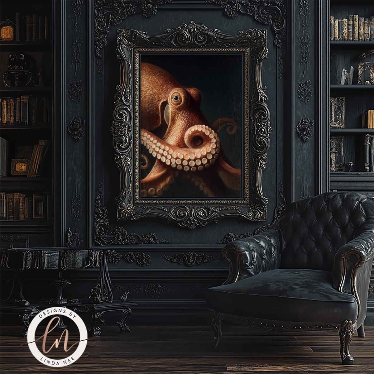 an octopus in a painting, displayed in an ornate frame on a dark wall. The room has a black leather chair and a bookshelf filled with books, creating a sophisticated and elegant atmosphere.