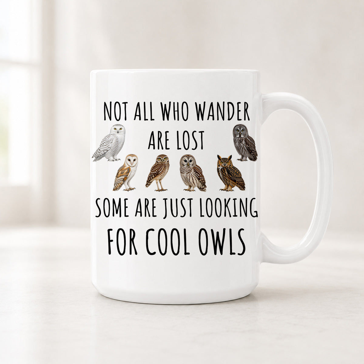 White owl coffee mug with a snowy, great gray, barn, burrowing, barred and great horned owl between lines of text