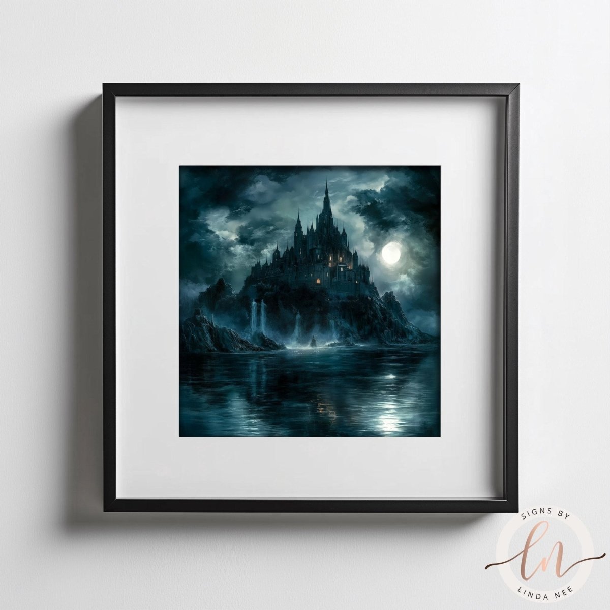 Gothic castle print displayed in a black frame with a white mat