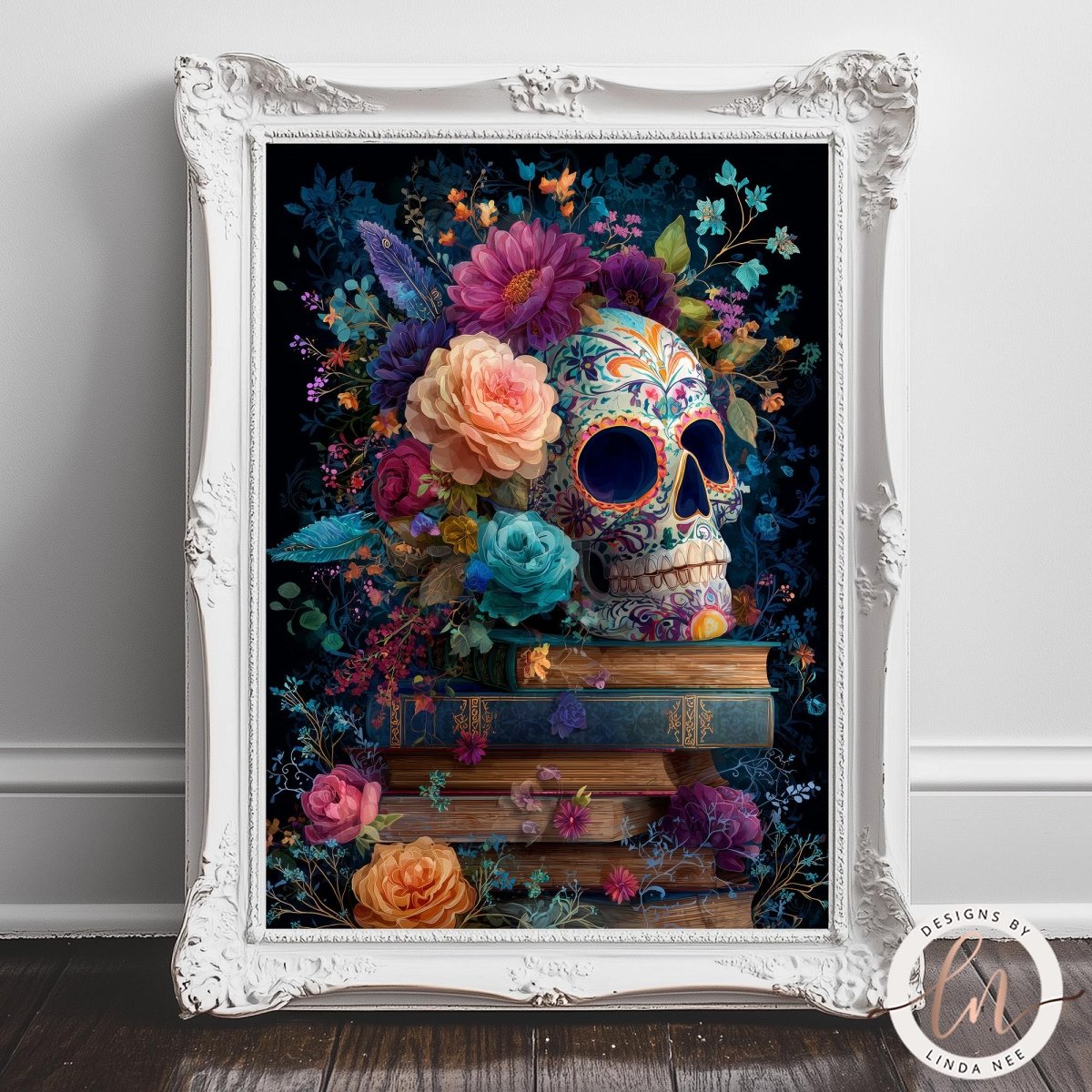 A framed artwork depicting a colorful and intricate sugar skull surrounded by a vibrant floral arrangement, with books stacked beneath it.