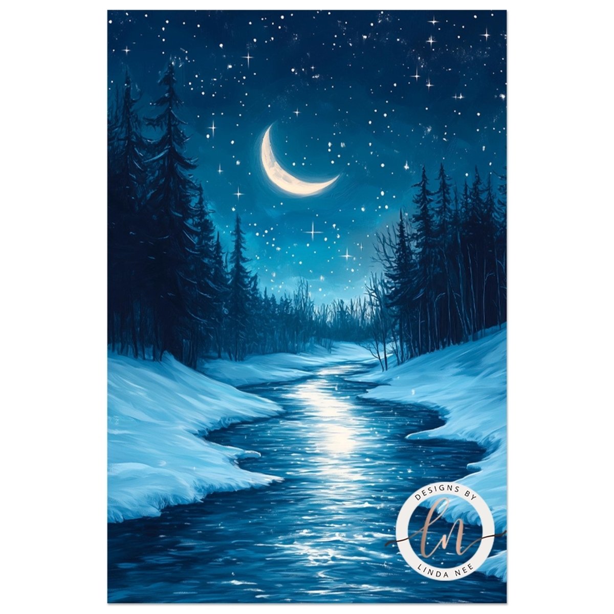 Snowy river landscape under a crescent moon and starry sky