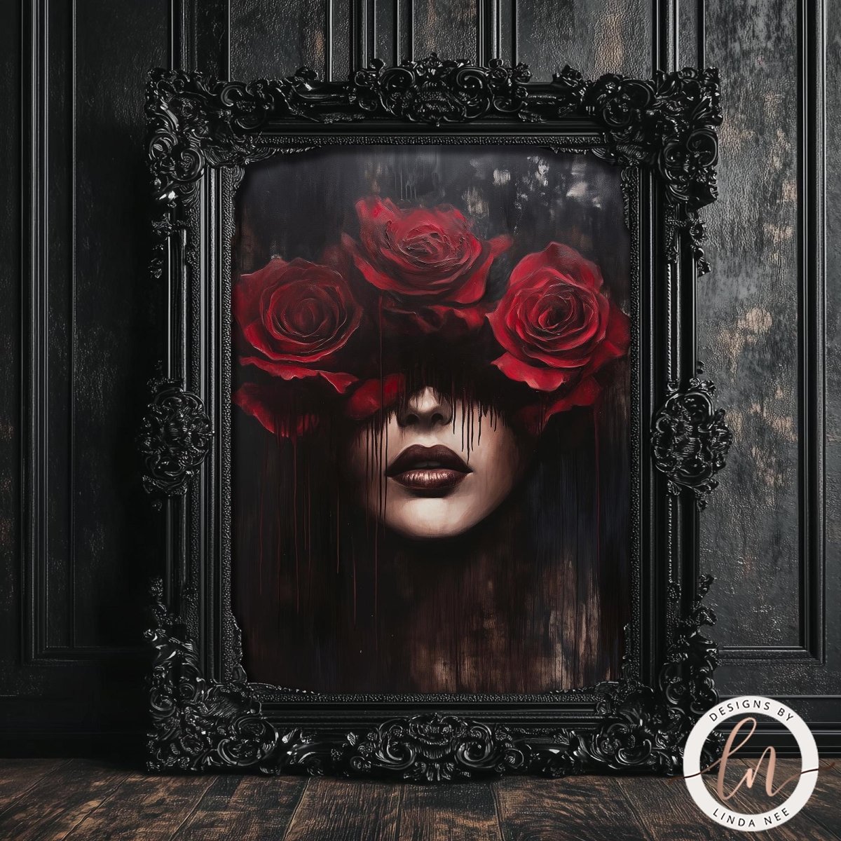 a dark, moody portrait of a woman with a face partially obscured by three large red roses. The roses are arranged in a way that they partially cover the woman's face, creating an intriguing and mysterious visual effect. The image is framed in an ornate black frame, which adds to the overall dark and dramatic atmosphere of the scene.