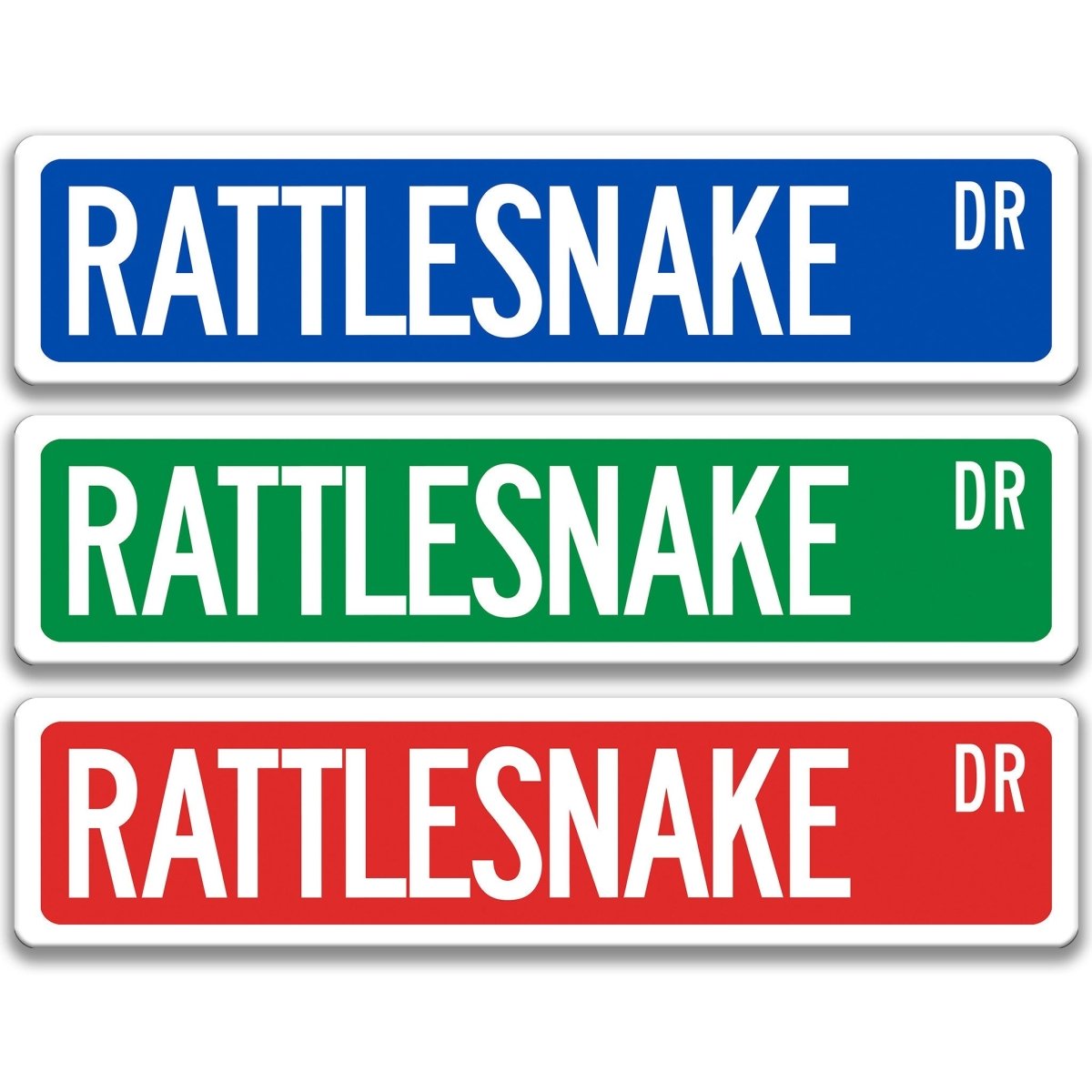 Rattlesnake Metal Street Sign in blue, green, and red, reading RATTLESNAKE DR